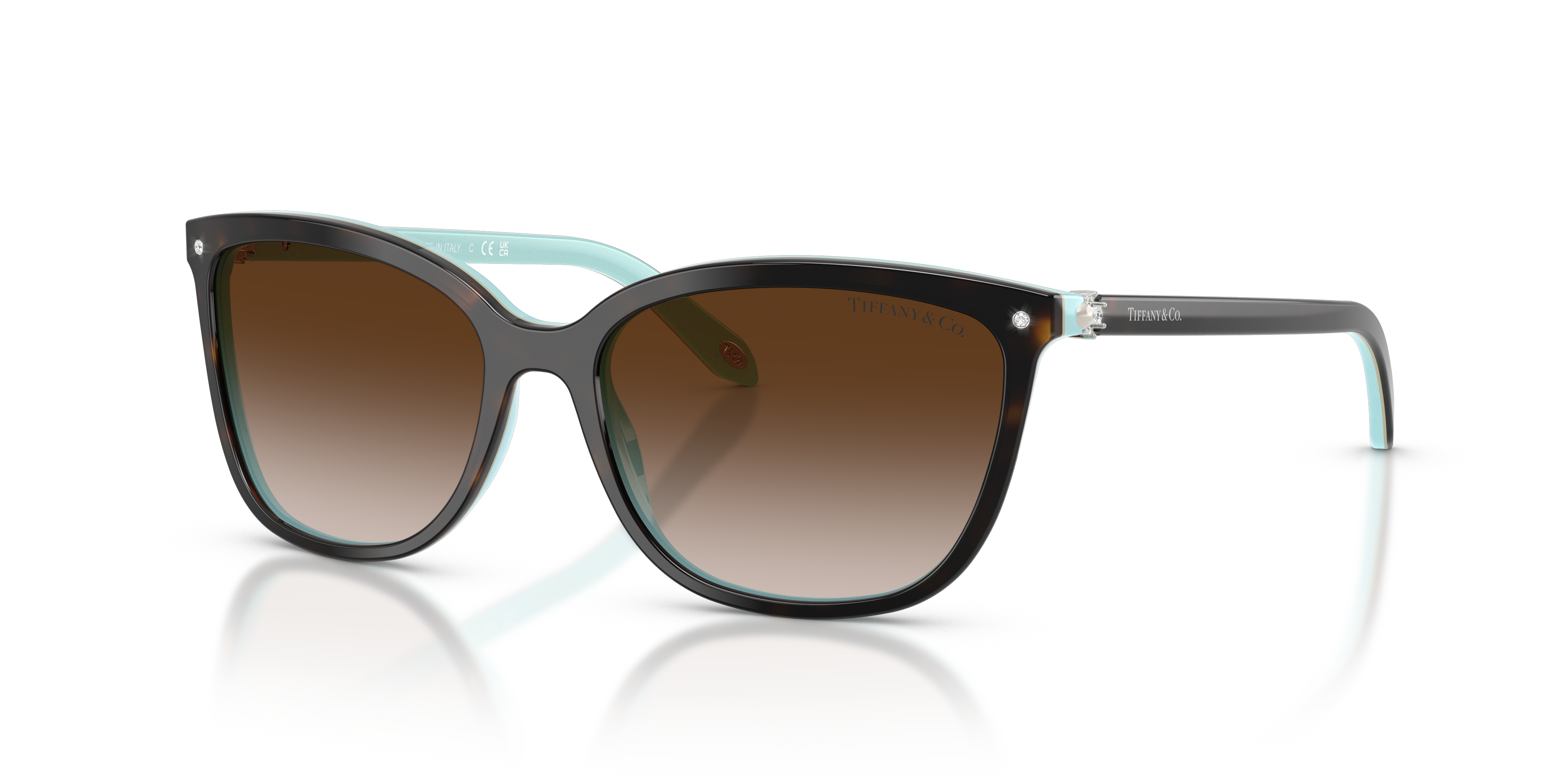 Occhiali da sole Tiffany & Co. modello 0TF4105HB da donna, colore Havana tartarugato, in primo piano su sfondo chiaro.