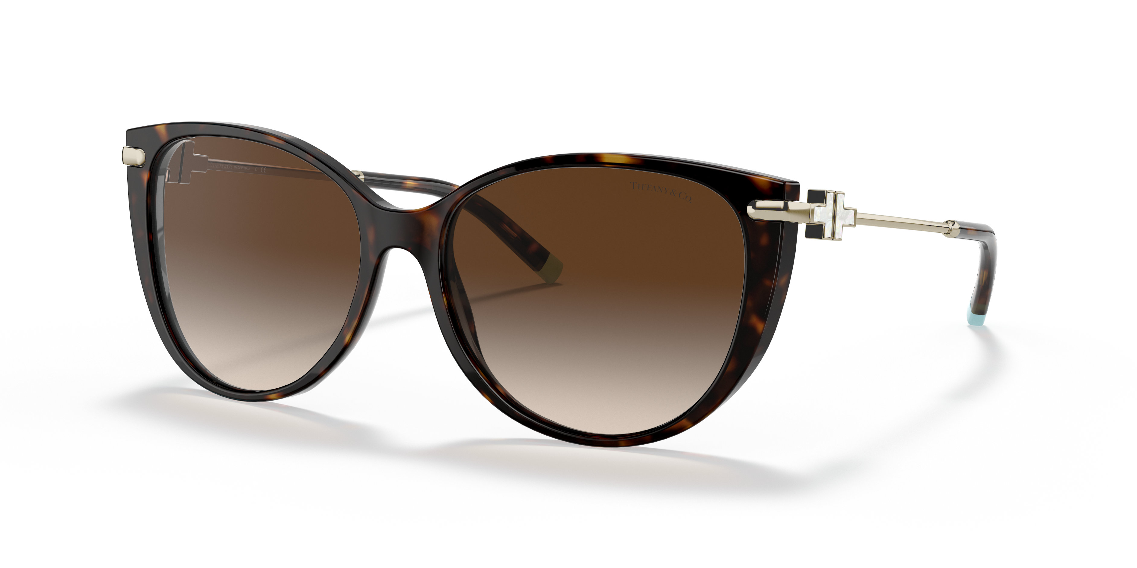 Occhiali da sole Tiffany TF4178 da donna con montatura Havana e lenti scure, mostrati frontalmente su sfondo chiaro.