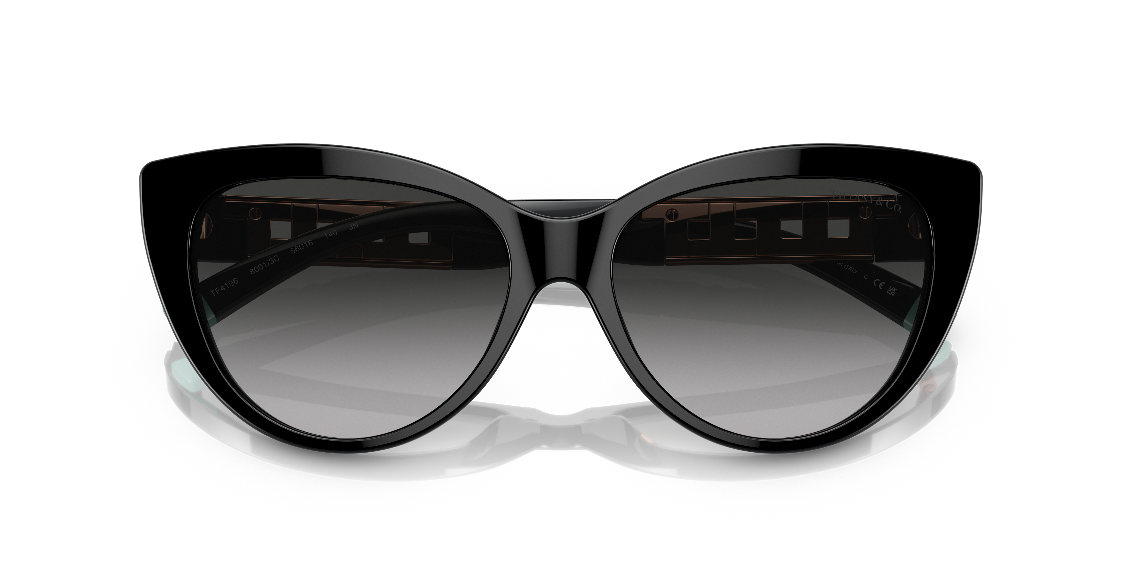 Occhiali da sole neri Tiffany TF4196 da donna, montatura in acetato lucido con dettagli iconici del marchio sul lato, lenti s