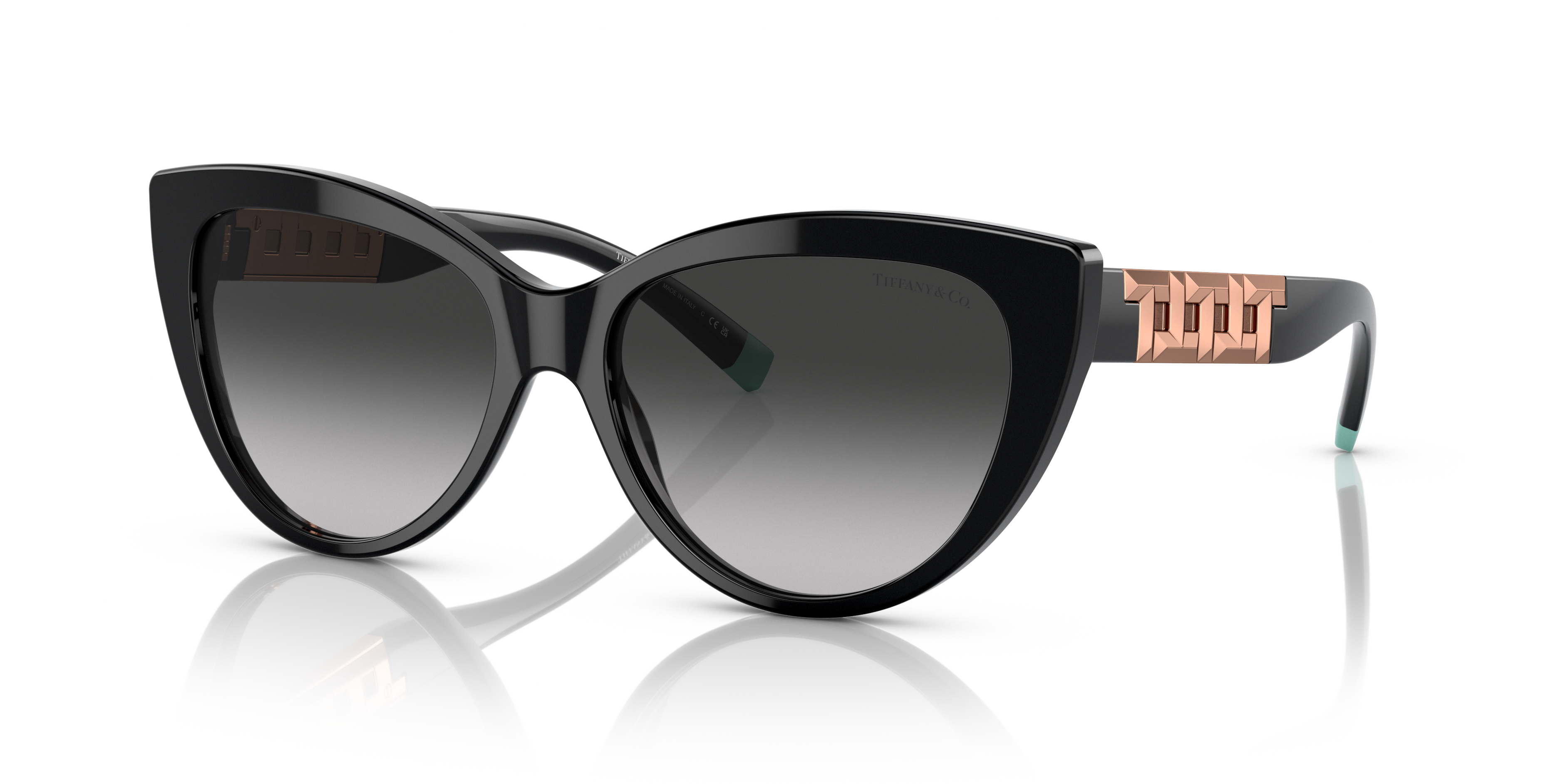 Occhiali da sole neri Tiffany TF4196 da donna, montatura in acetato lucido con dettagli iconici del marchio sul lato, lenti s
