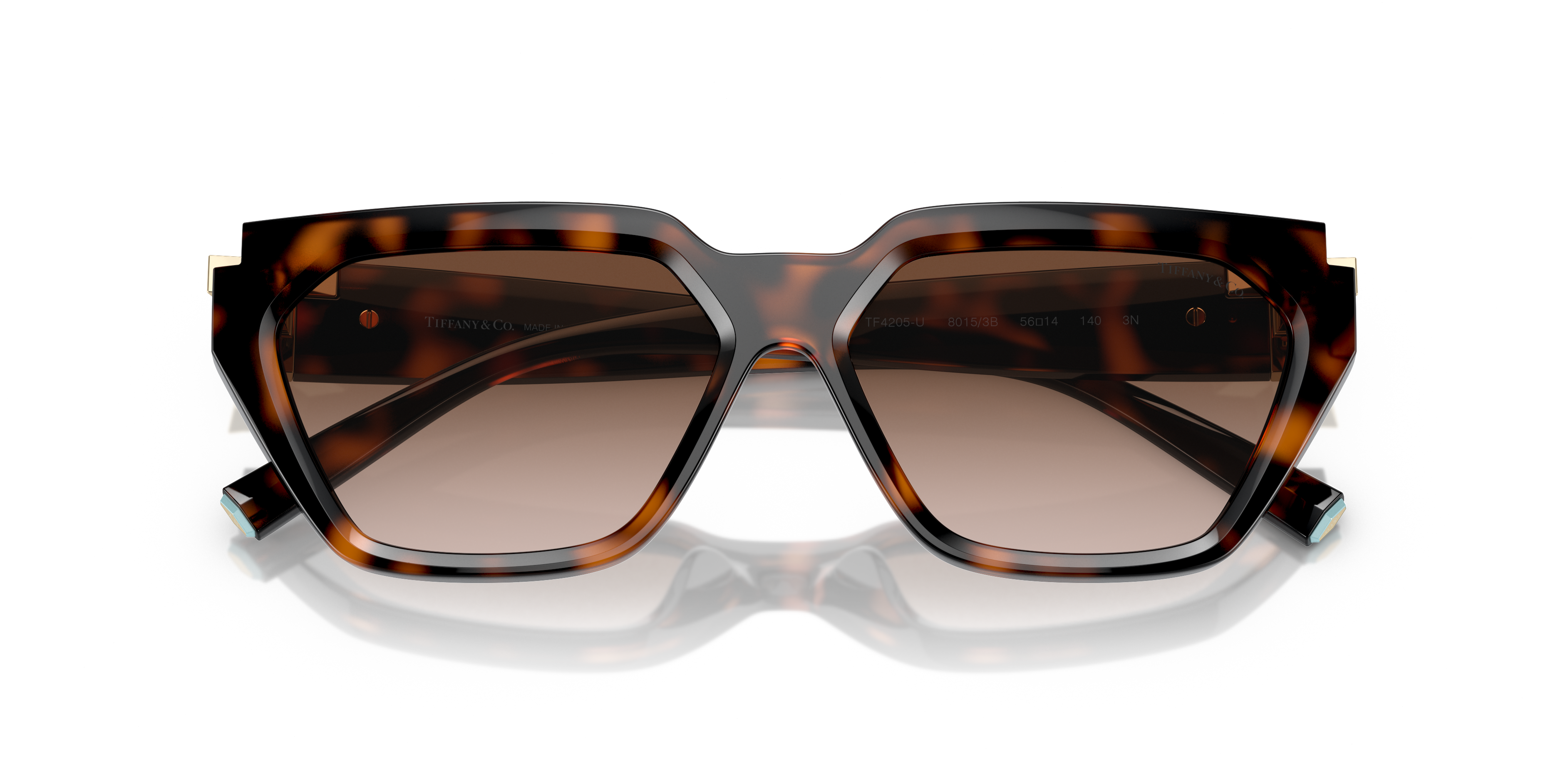 Occhiali da sole Tiffany & Co. TF4205U da donna in colore corallo, visti di fronte su sfondo chiaro.