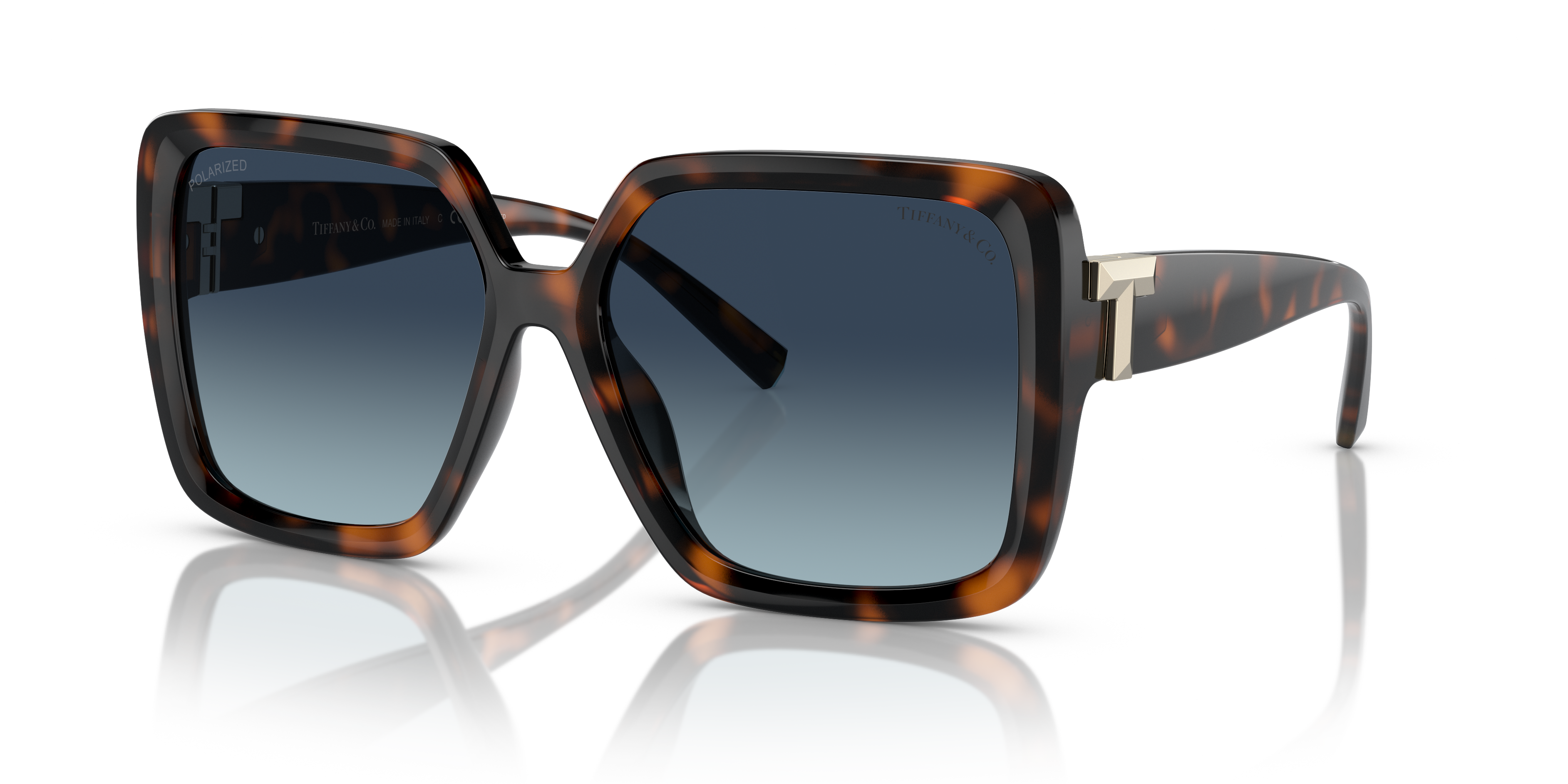 Occhiali da sole Tiffany TF4206U da donna color Havana con forma cat-eye, montatura in acetato e lenti scure, mostrati su sfo