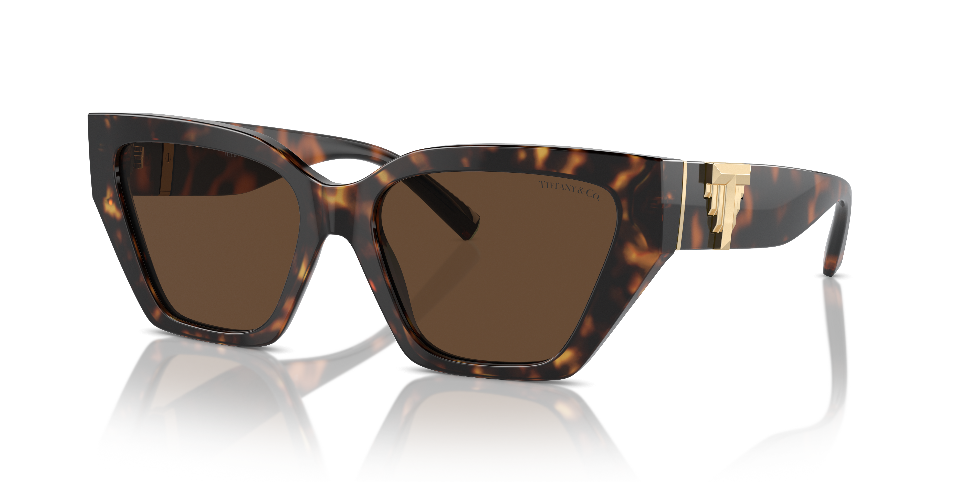 Occhiali da sole Tiffany & Co. modello TF4218 da donna, con montatura color Havana e lenti scure, mostrati frontalmente.
