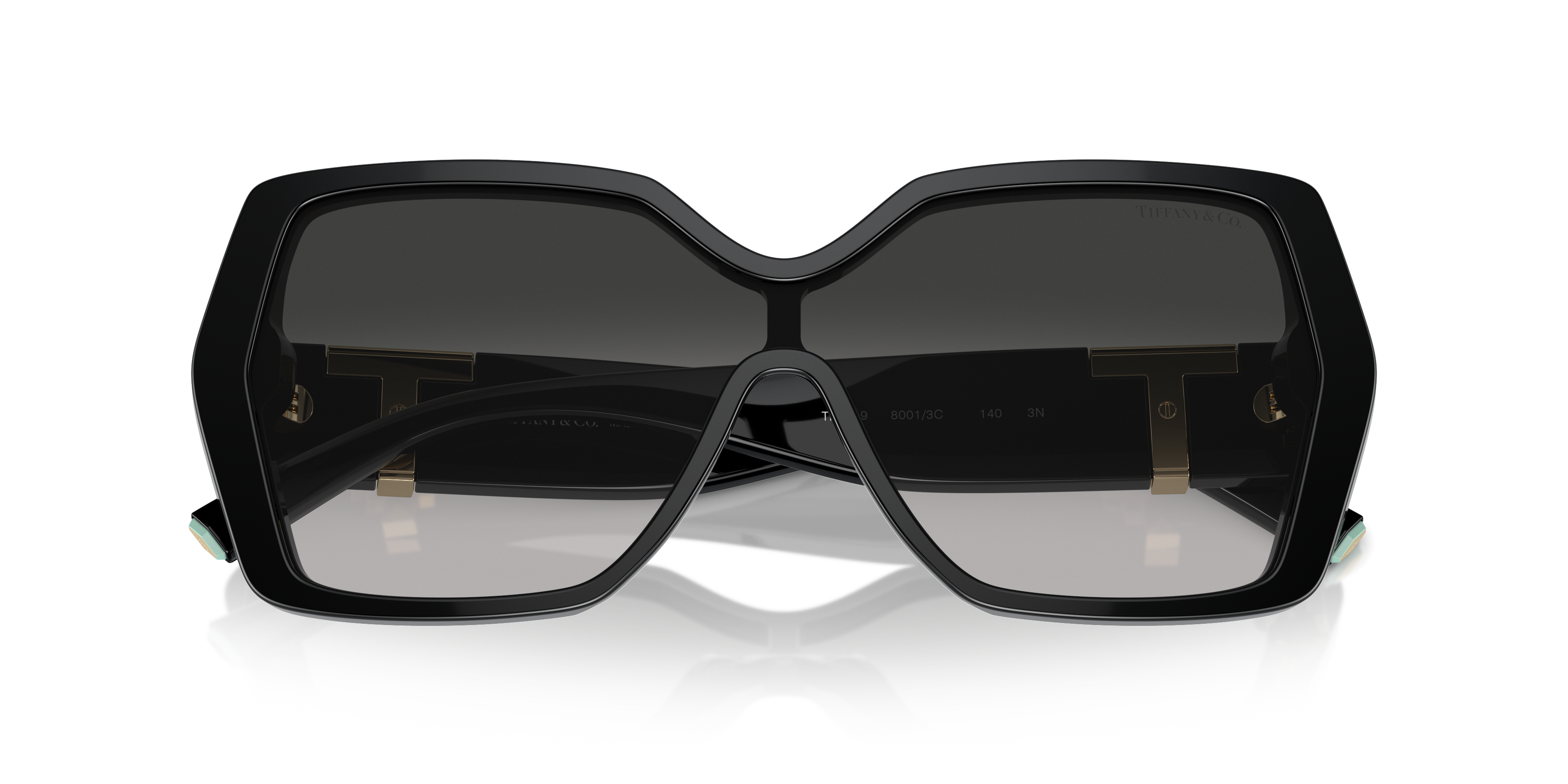 Occhiali da sole Tiffany & Co. modello TF4219 neri per donna, con montatura in acetato lucido e lenti scure, mostrati su un f
