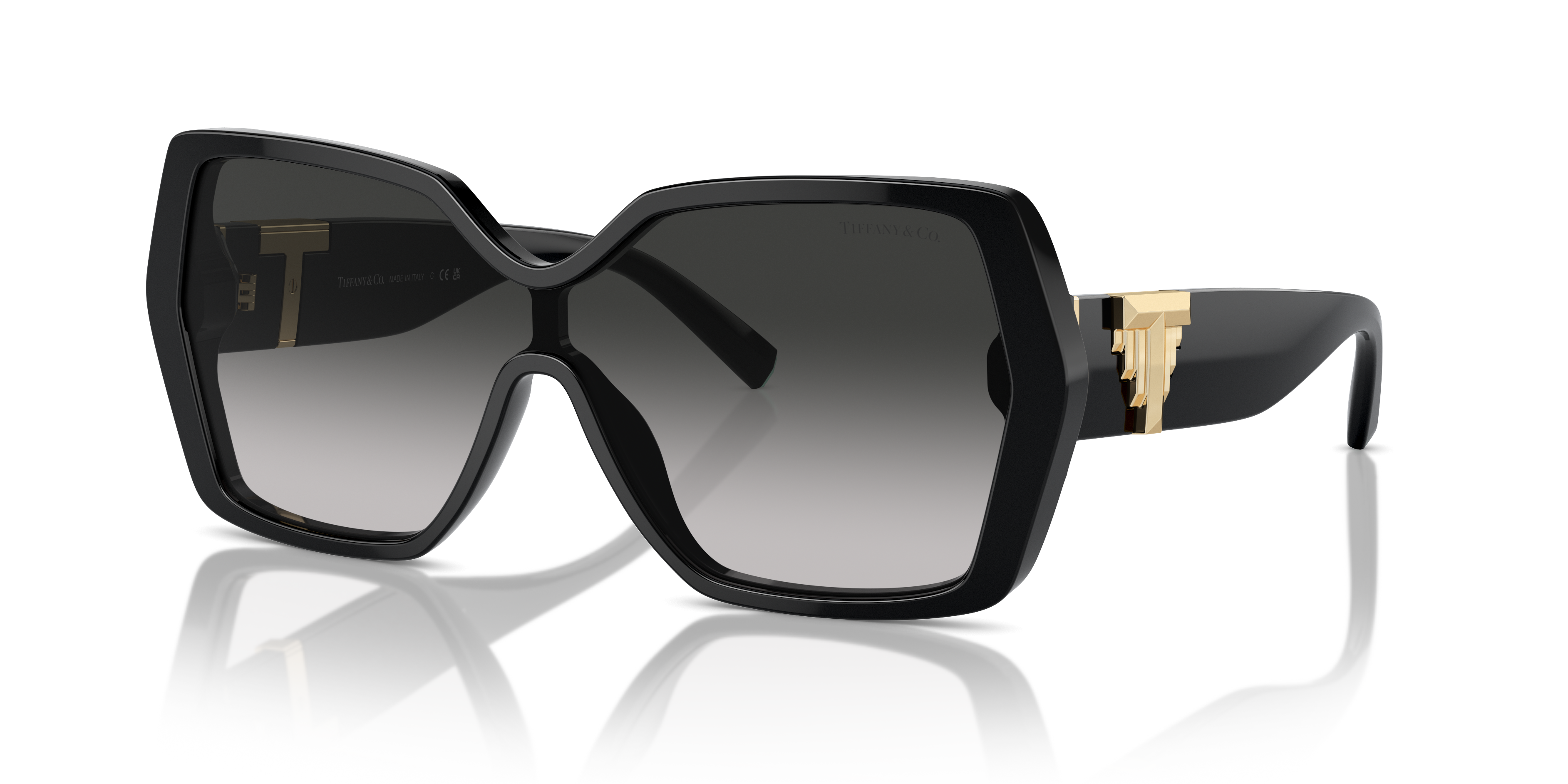 Occhiali da sole Tiffany & Co. modello TF4219 neri per donna, con montatura in acetato lucido e lenti scure, mostrati su un f