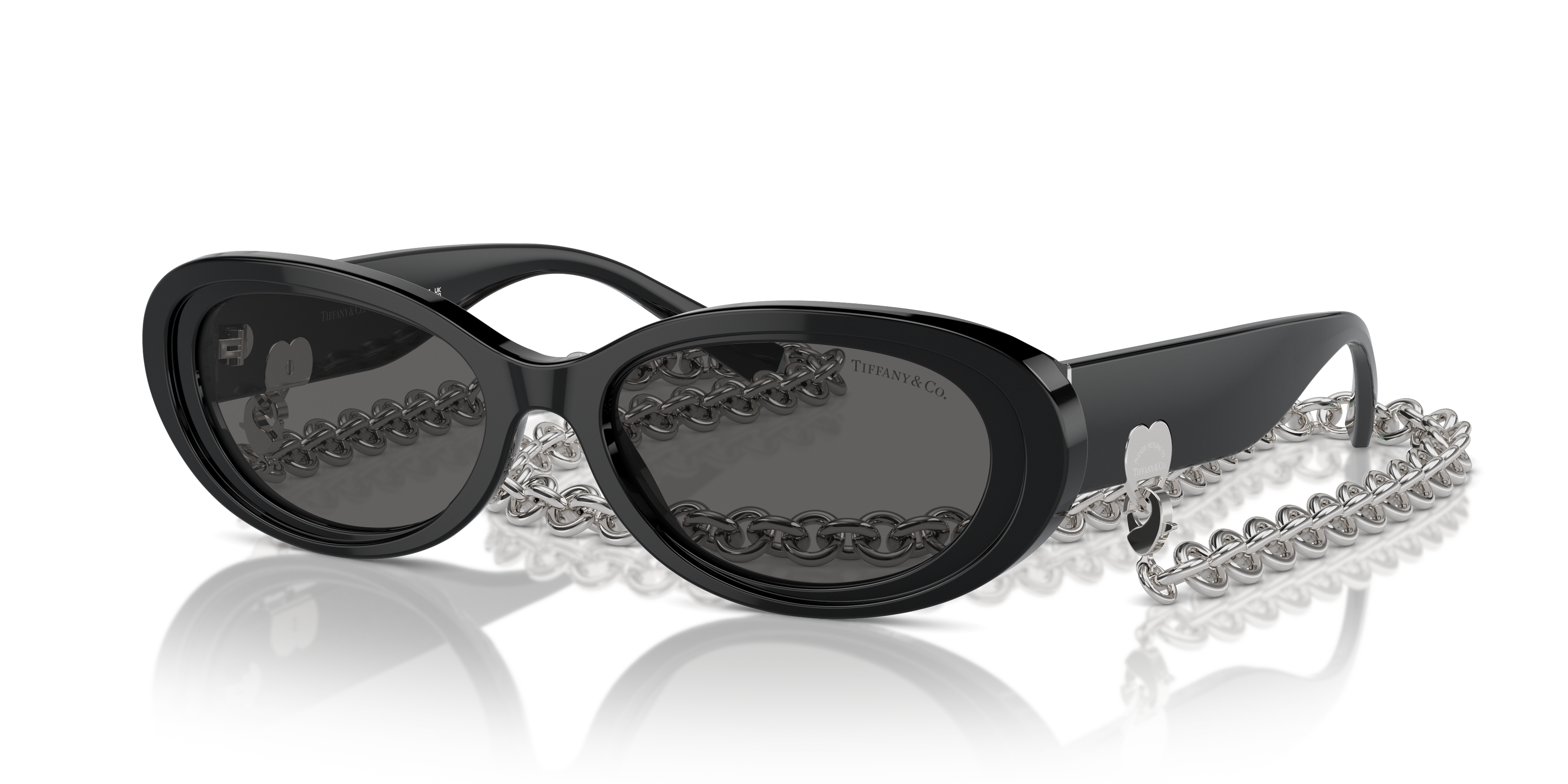 Occhiali da sole Tiffany & Co. modello TF4221 neri per donna, mostrati con montatura lucida e lenti scure, su sfondo chiaro