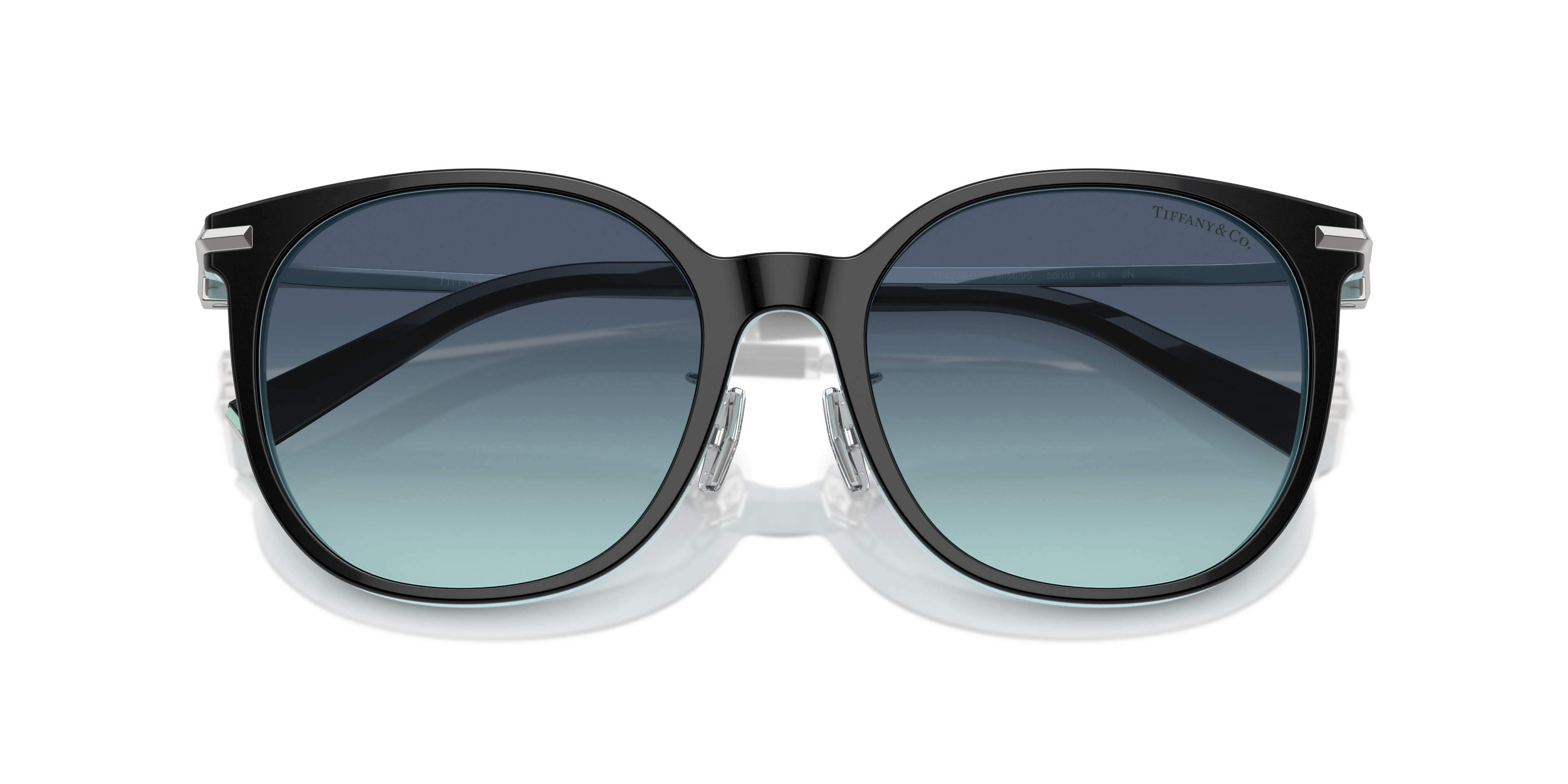 Occhiali da sole neri Tiffany & Co. modello TF4224D da donna, visti frontalmente, con logo sull'asta.