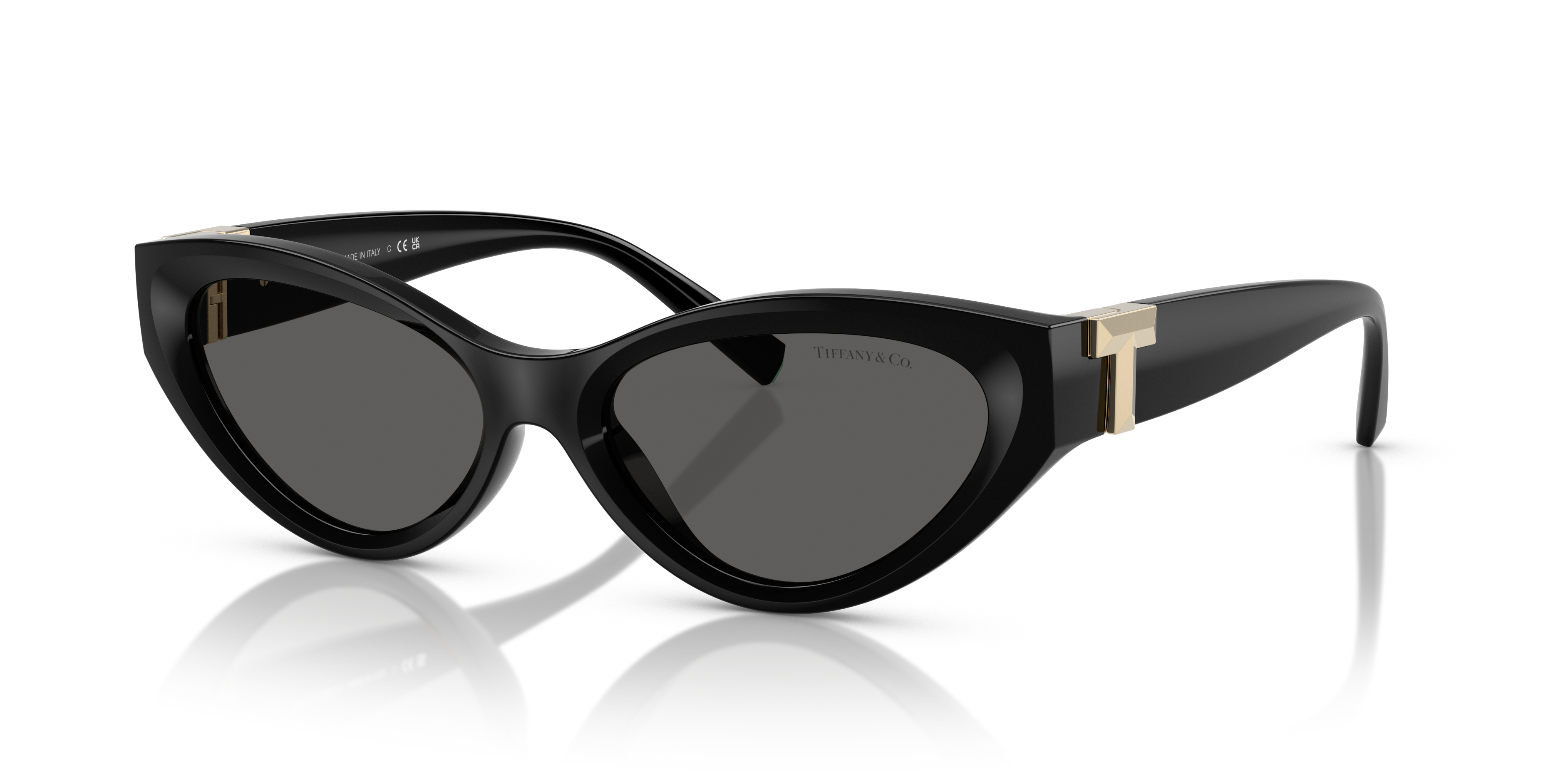 Occhiali da sole Tiffany & Co. TF4225U neri per donna, montatura in acetato lucido con lenti scure, mostrati su sfondo neutro