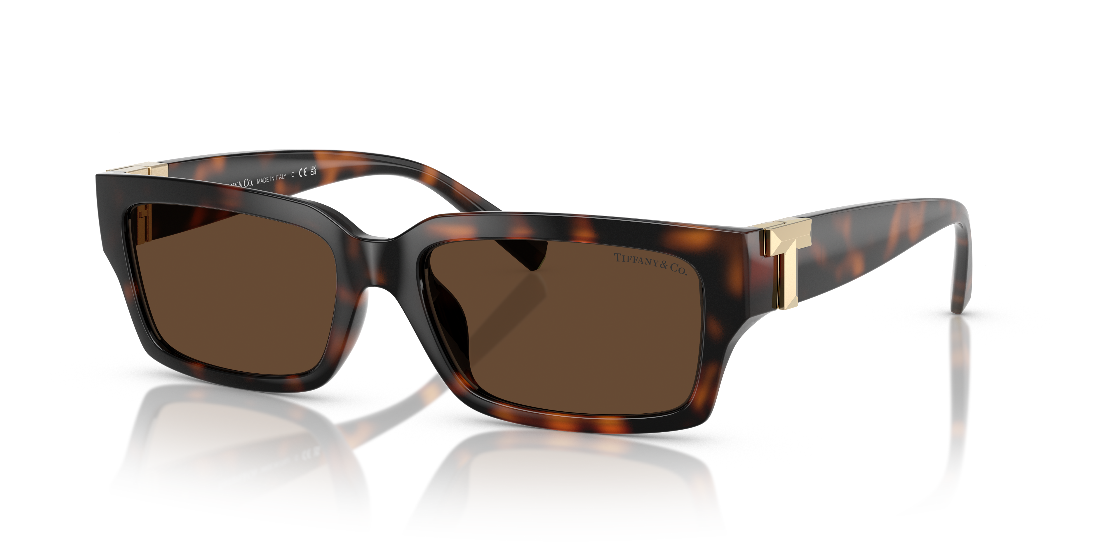 Occhiali da sole Tiffany & Co. modello TF4226U di colore Havana, con montatura in acetato tartarugato e lenti scure, su sfond