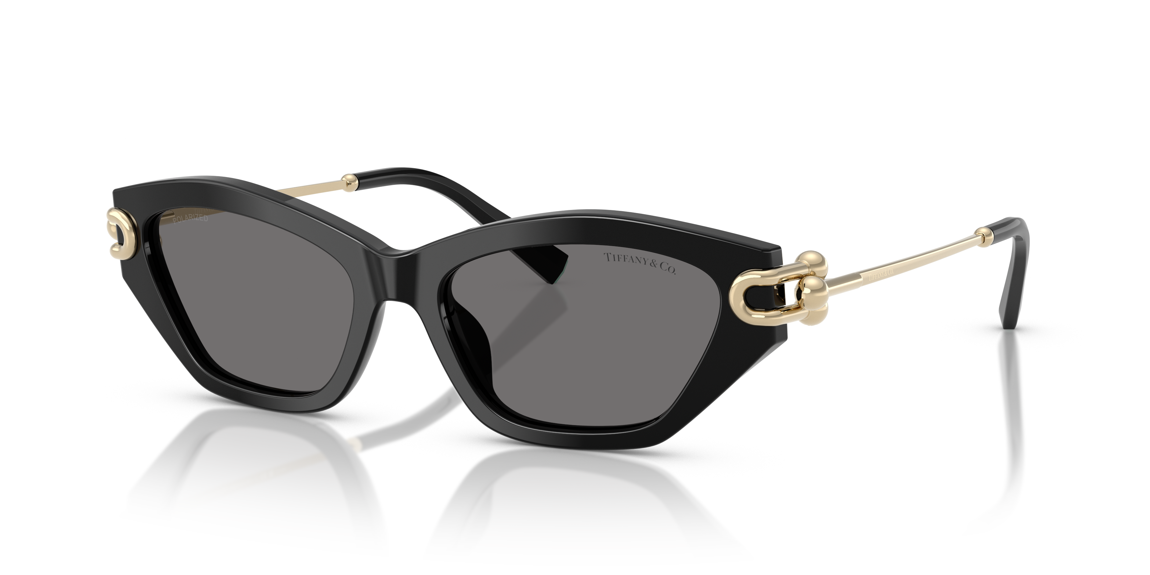 Occhiali da sole Tiffany 0TF4231U da donna in colore nero, con montatura cat-eye in acetato e logo Tiffany sulle aste.