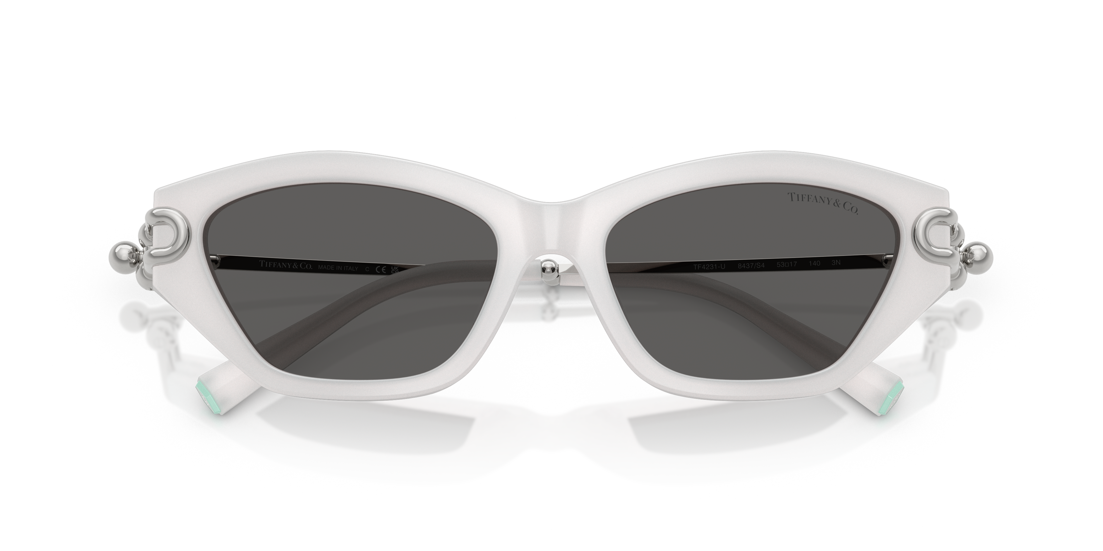 Occhiali da sole Tiffany 0TF4231U da donna in colore nero, con montatura cat-eye in acetato e logo Tiffany sulle aste.