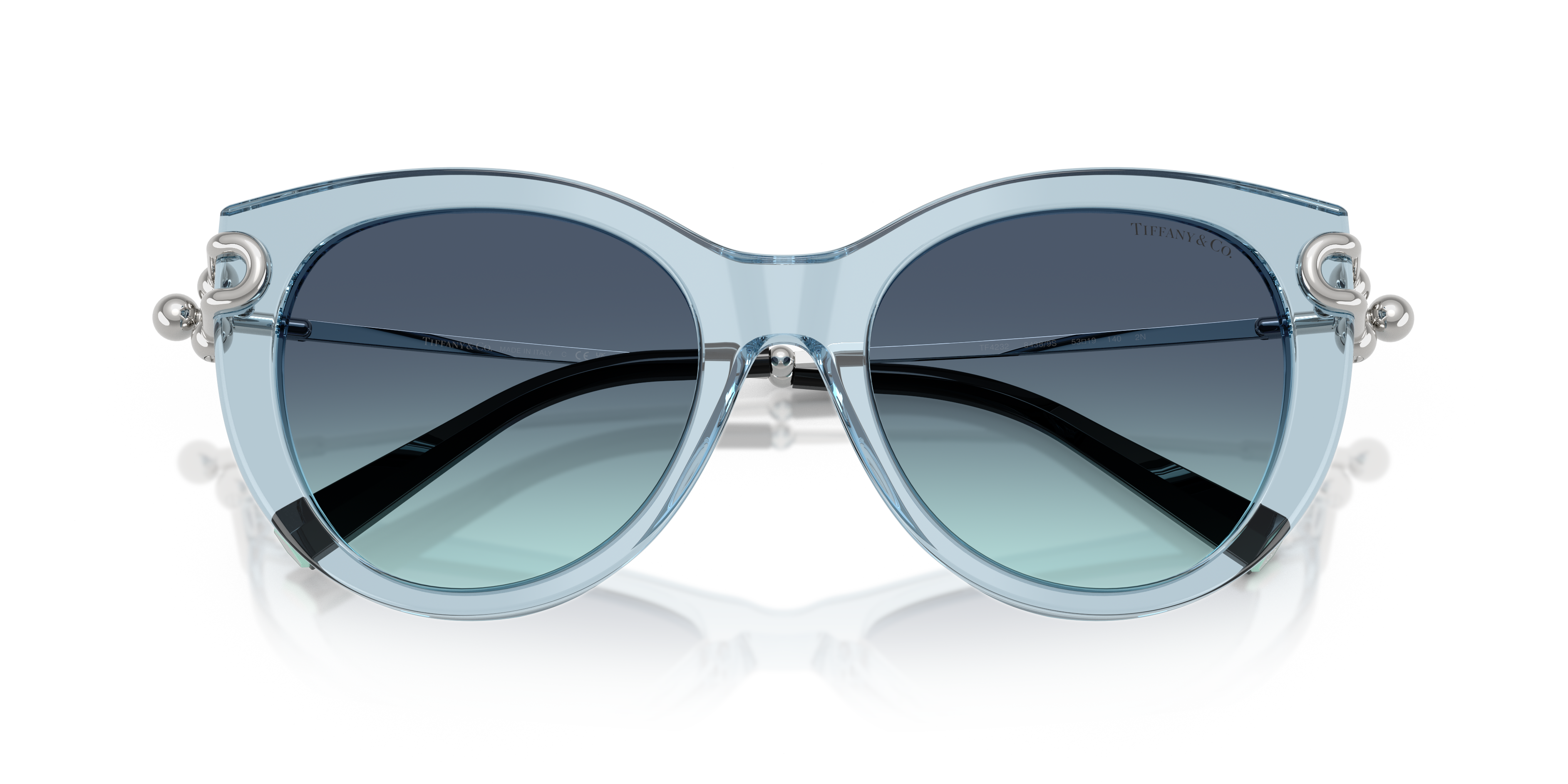 Occhiali da sole Tiffany TF4232 da donna con montatura chiara e spessa in acetato trasparente, lenti scure e logo Tiffany sul