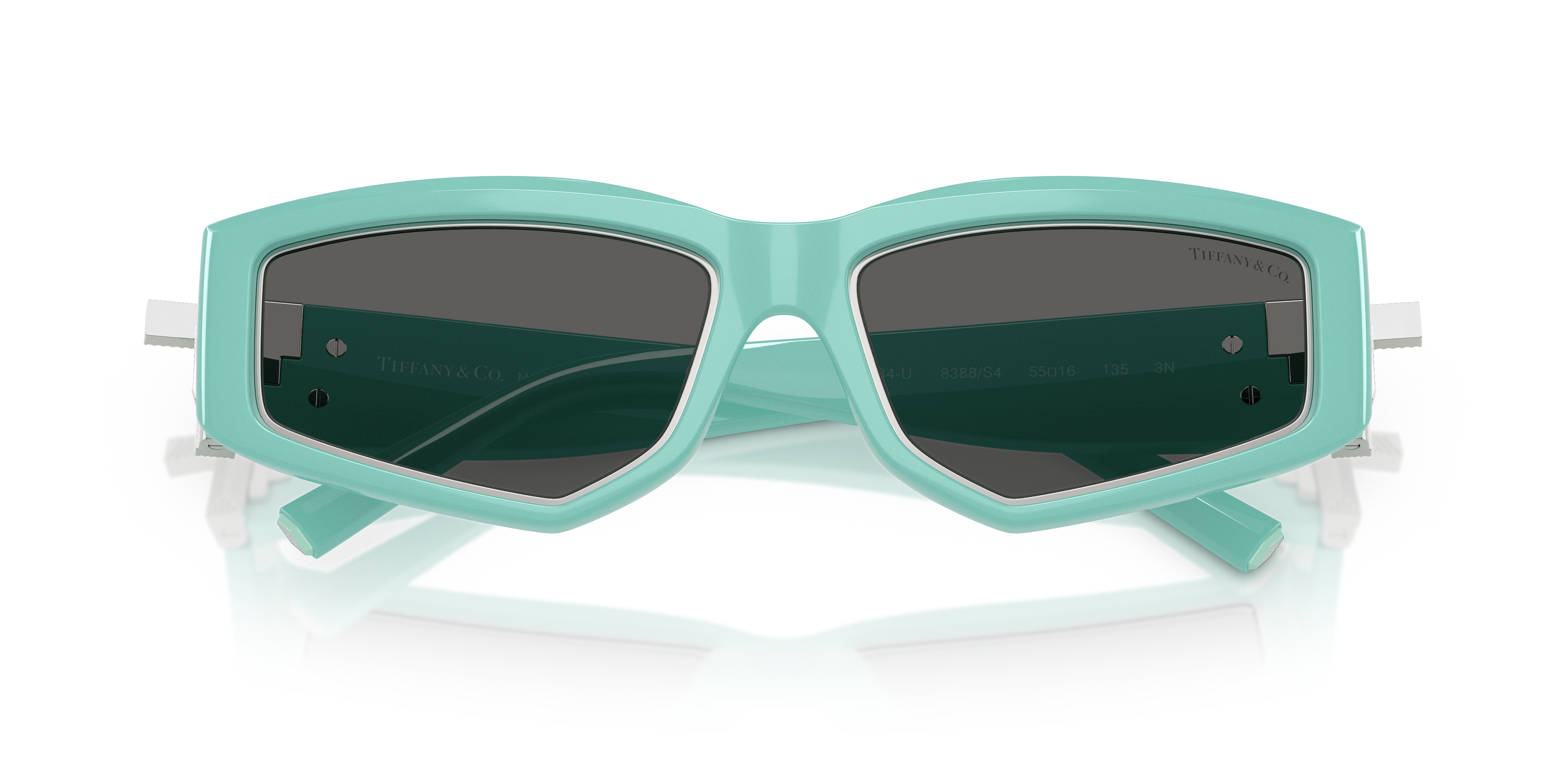 Occhiali da sole Tiffany & Co. TF4234U di colore bianco brillante, visti frontalmente su sfondo neutro, con dettagli del logo