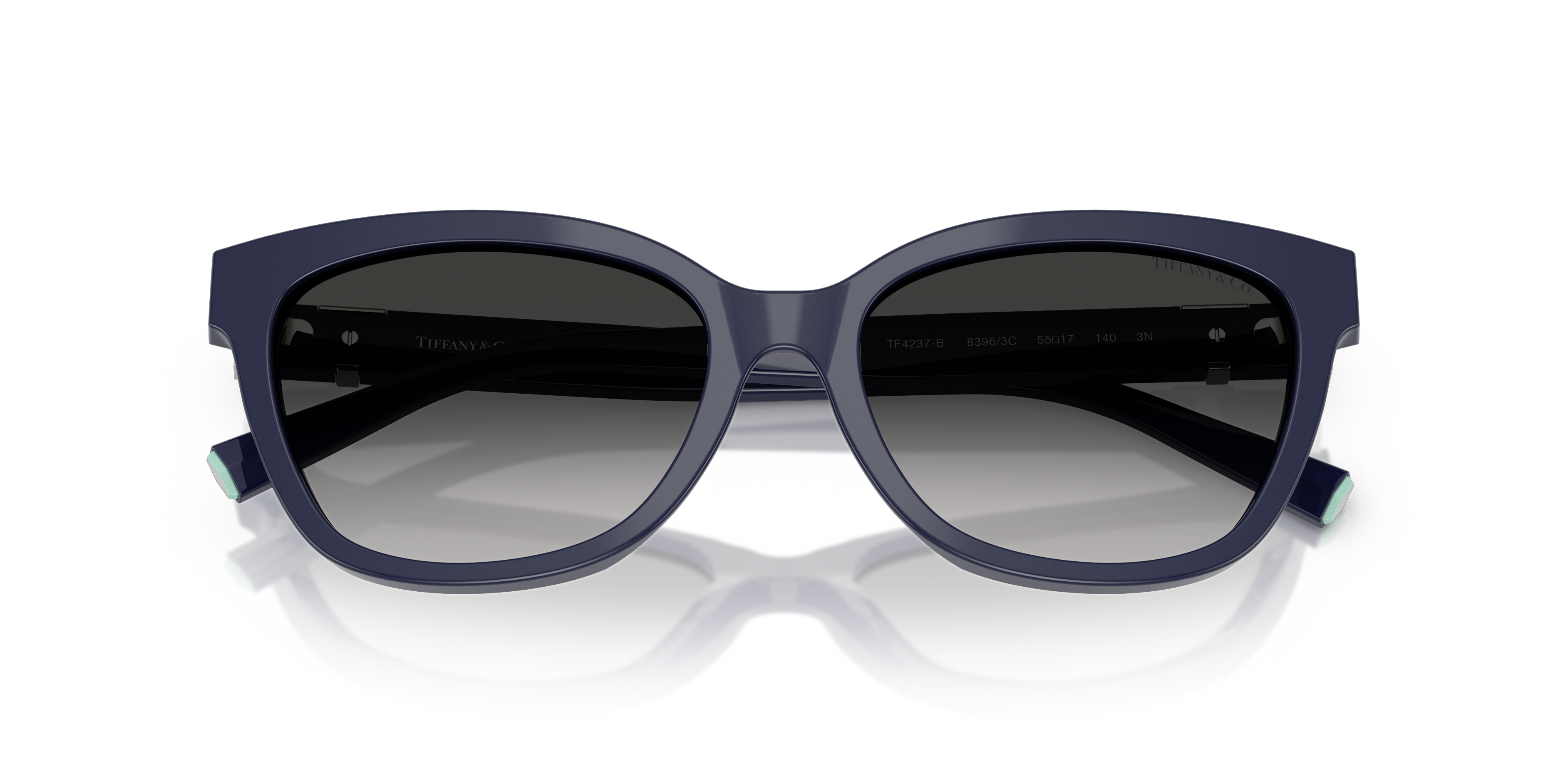 Occhiali da sole Tiffany & Co. TF4237B neri da donna, montatura in acetato lucido con dettagli sull'asta, su sfondo chiaro.
