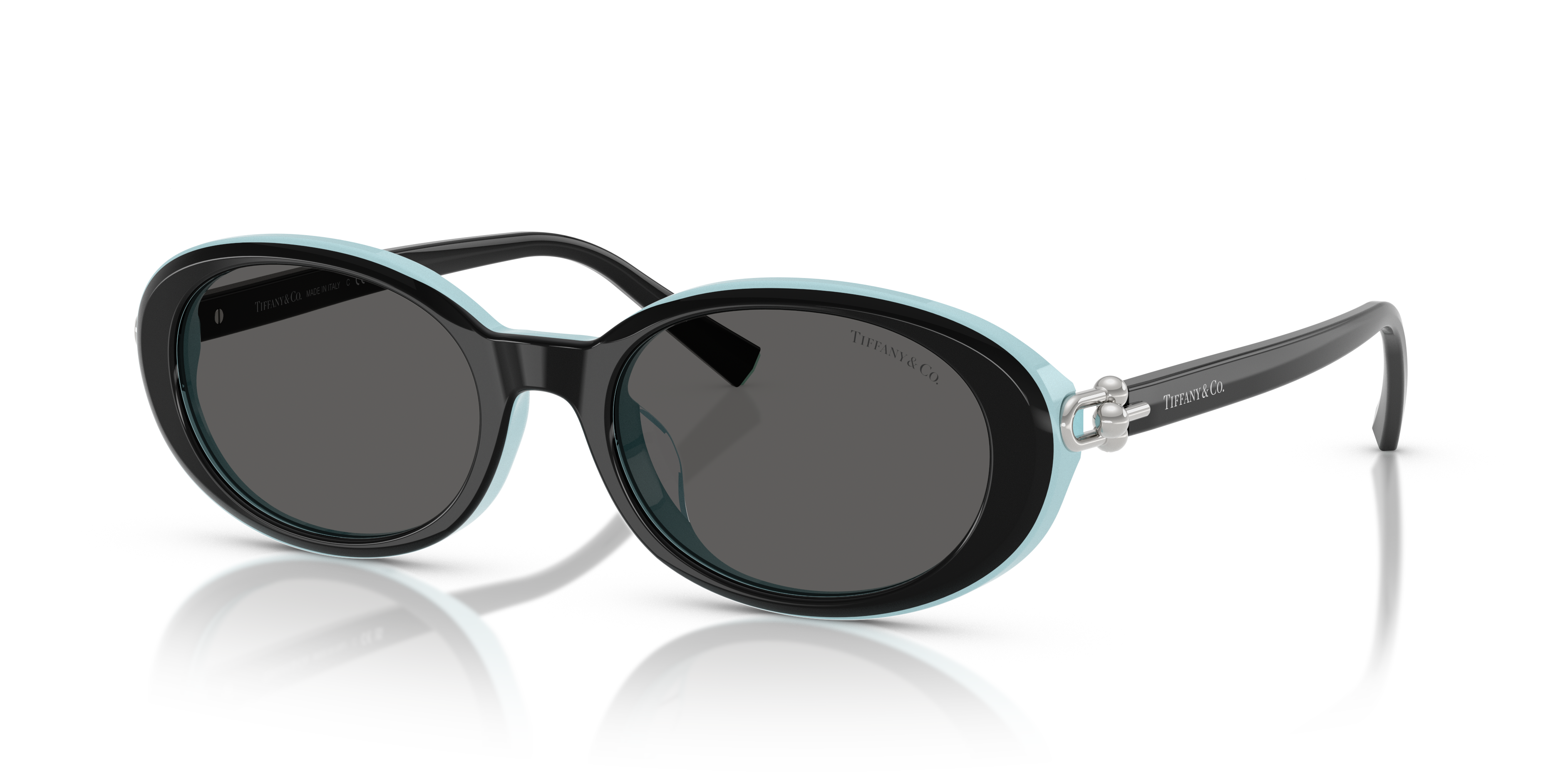 Occhiali da sole Tiffany & Co. modello TF4242D da donna, colore nero lucido all'esterno e blu Tiffany all'interno, visti fron
