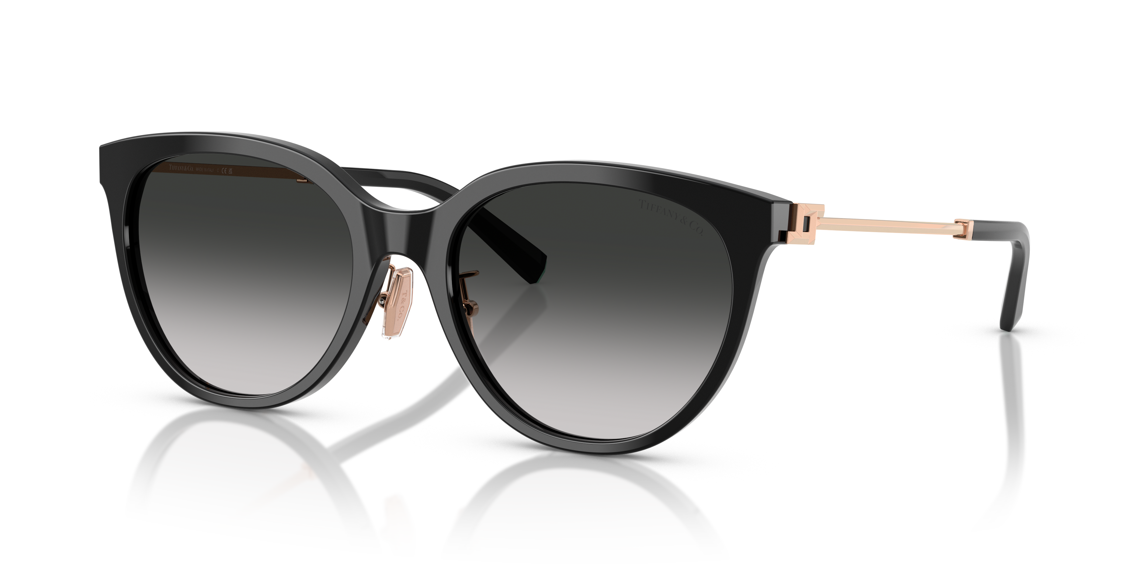 Donna che indossa occhiali da sole Tiffany TF4243D neri, con montatura in acetato e dettagli argento sulle aste, su sfondo ch