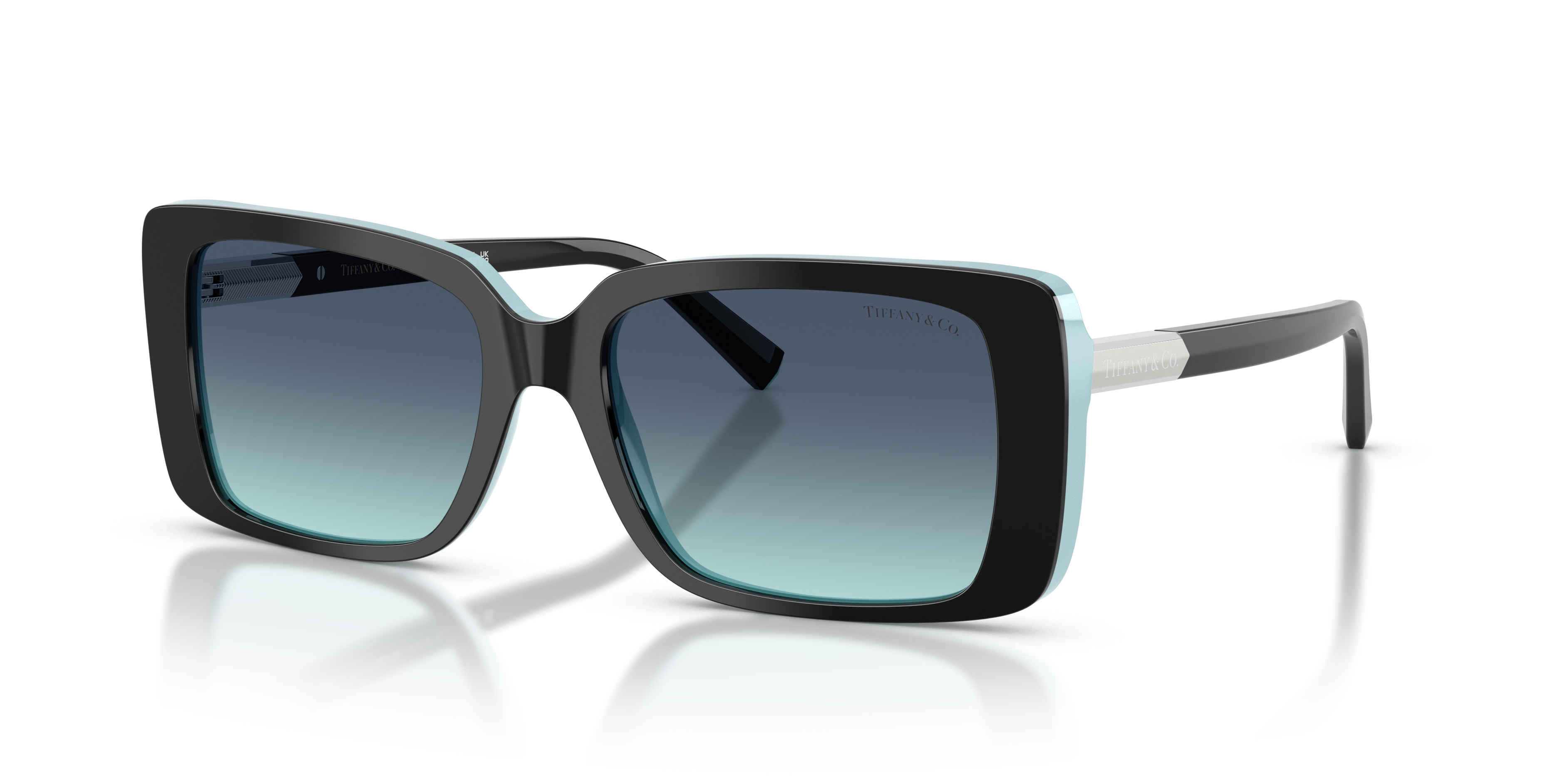 Occhiali da sole Tiffany TF4249 neri per donna, modello Black On Tiffany Blue, con astine che mostrano il blu iconico all'int