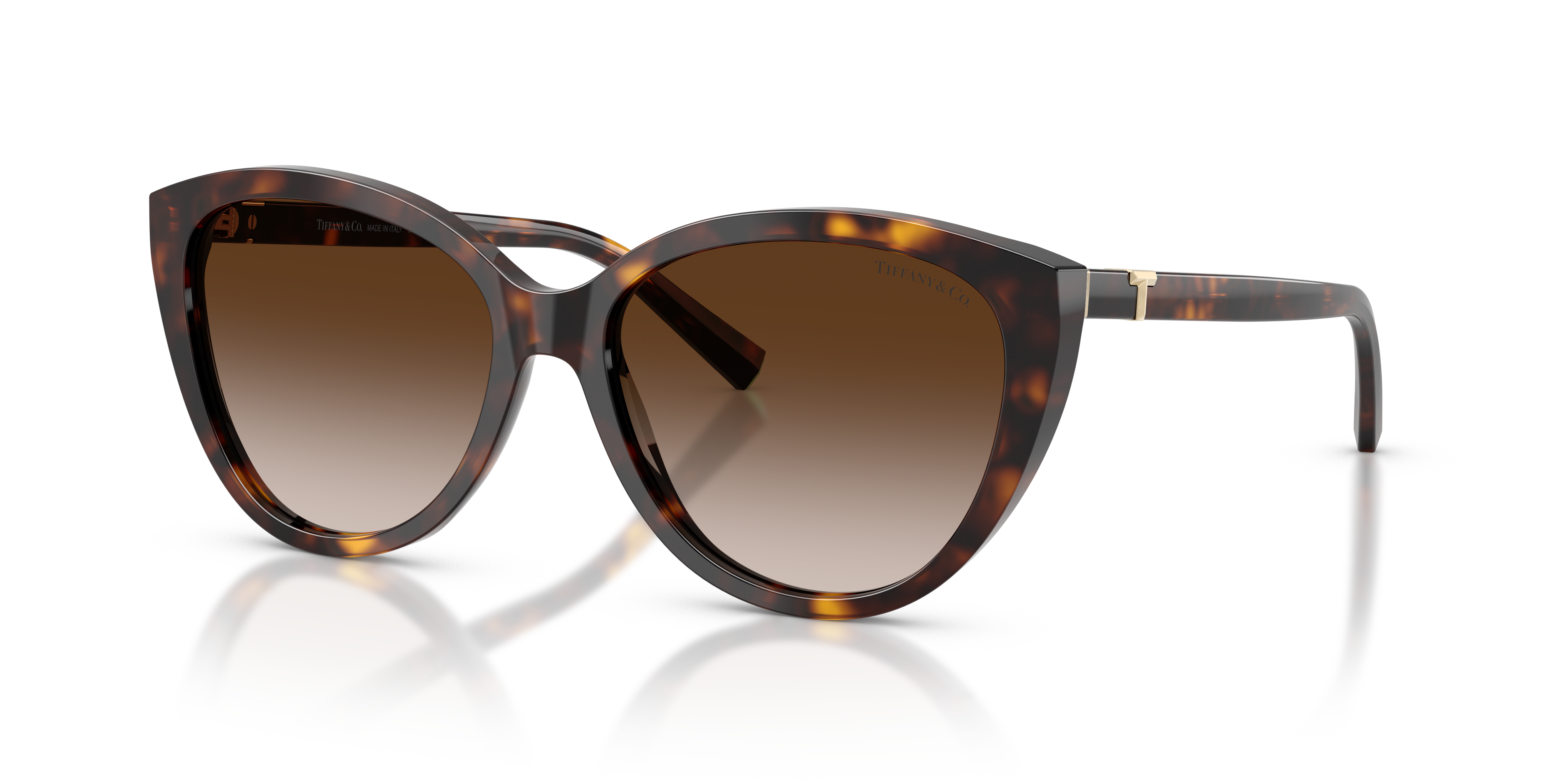 Occhiali da sole Tiffany & Co. modello TF4251 da donna in colore Havana, con lenti scure e aste decorate con il logo Tiffany.
