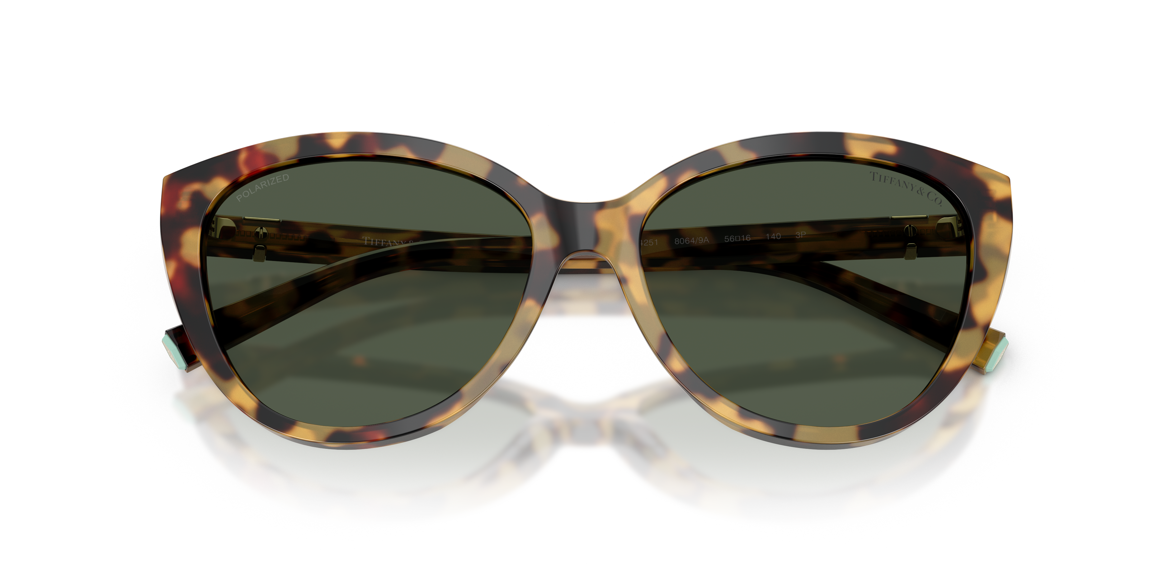 Occhiali da sole Tiffany & Co. modello TF4251 da donna in colore Havana, con lenti scure e aste decorate con il logo Tiffany.