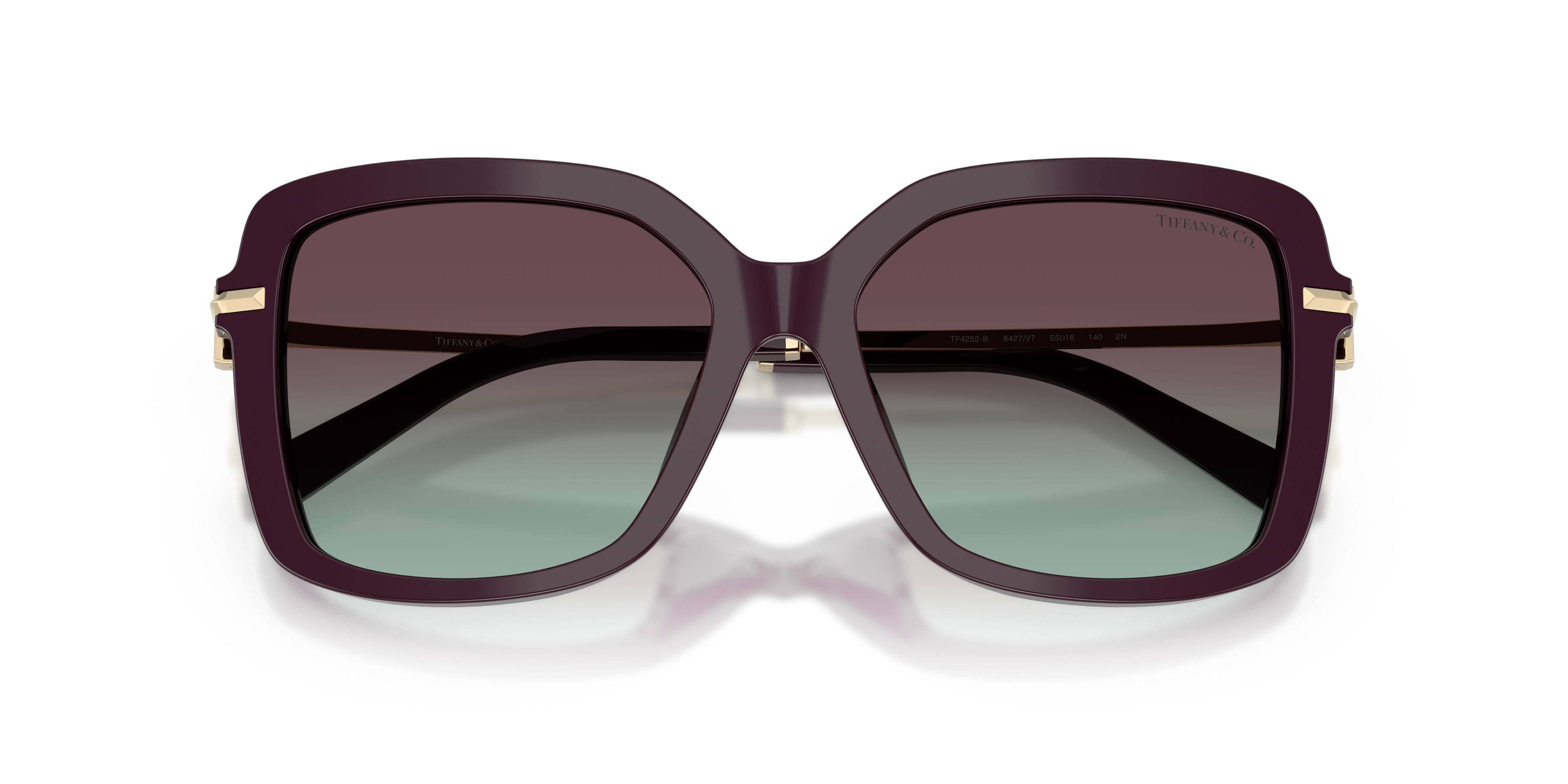 Occhiali da sole Tiffany & Co. TF4252B neri da donna con lenti scure, mostrati su sfondo bianco, pronti per essere indossati.