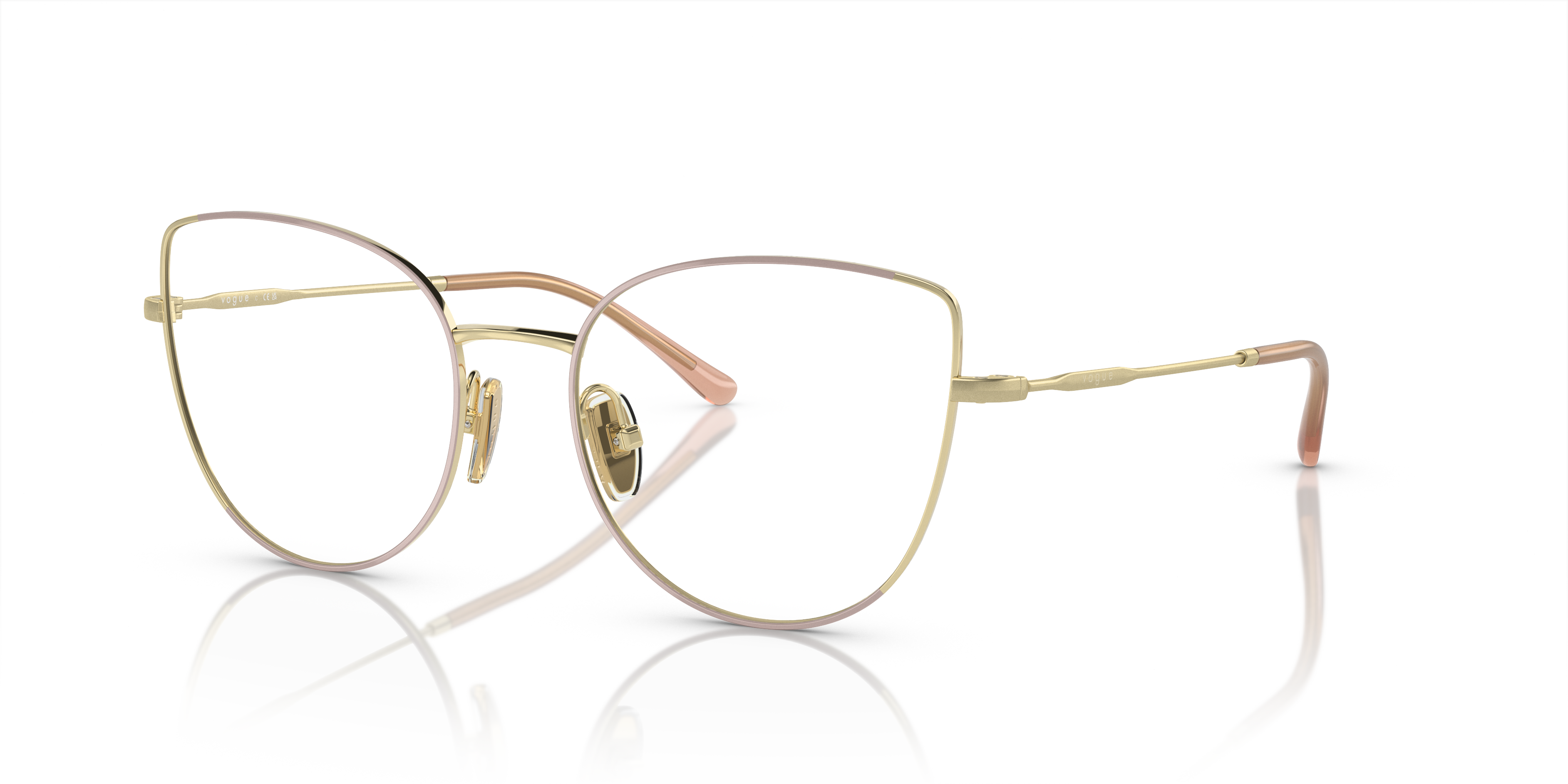Occhiali da sole Vogue Eyewear VO4298T da donna, colore Top Nude con aste Light Gold, mostrati su un elegante sfondo.