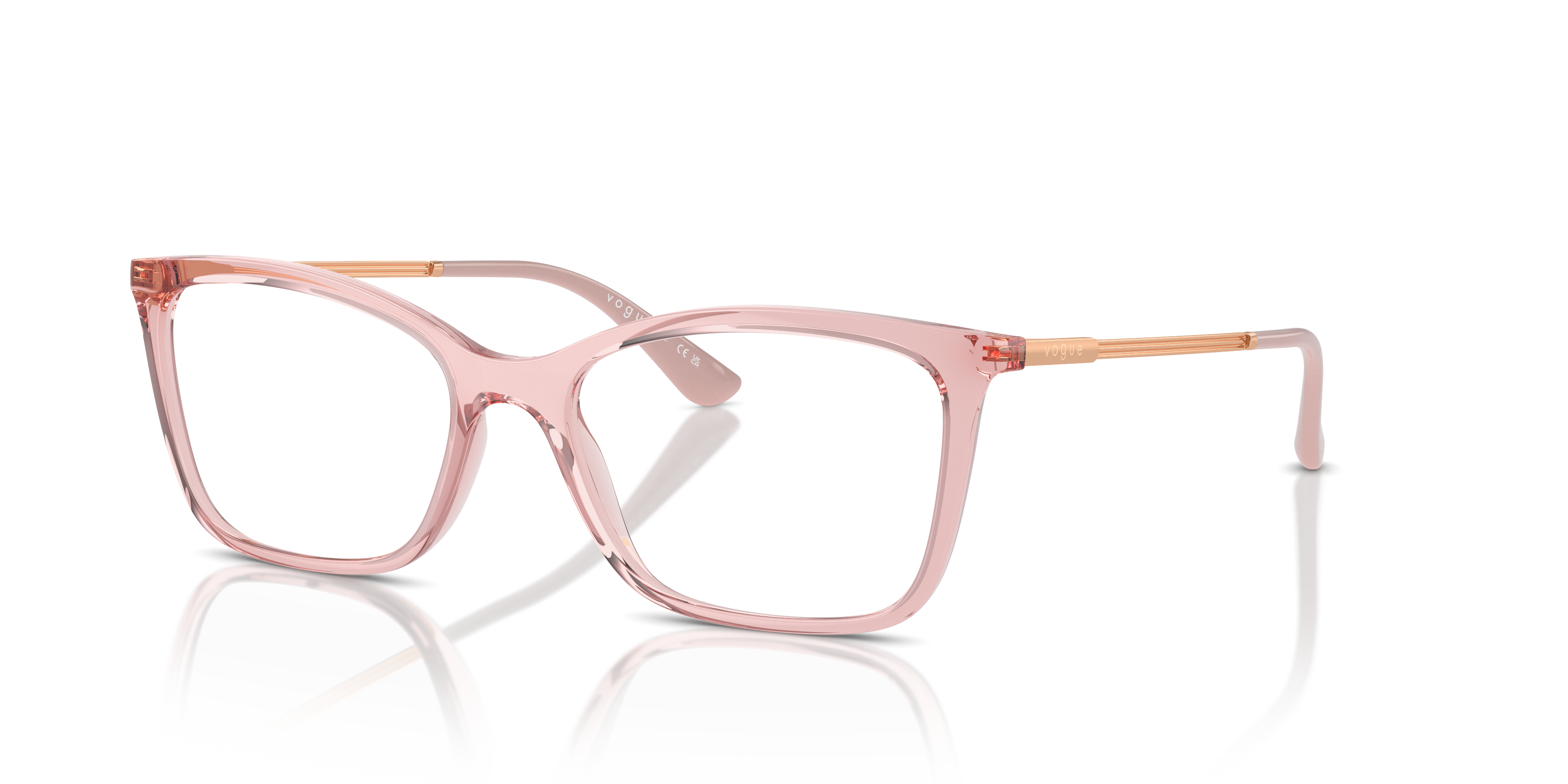 Occhiali da sole Vogue Eyewear VO5563 da donna con montatura rosa trasparente e lenti scure, posti su uno sfondo neutro
