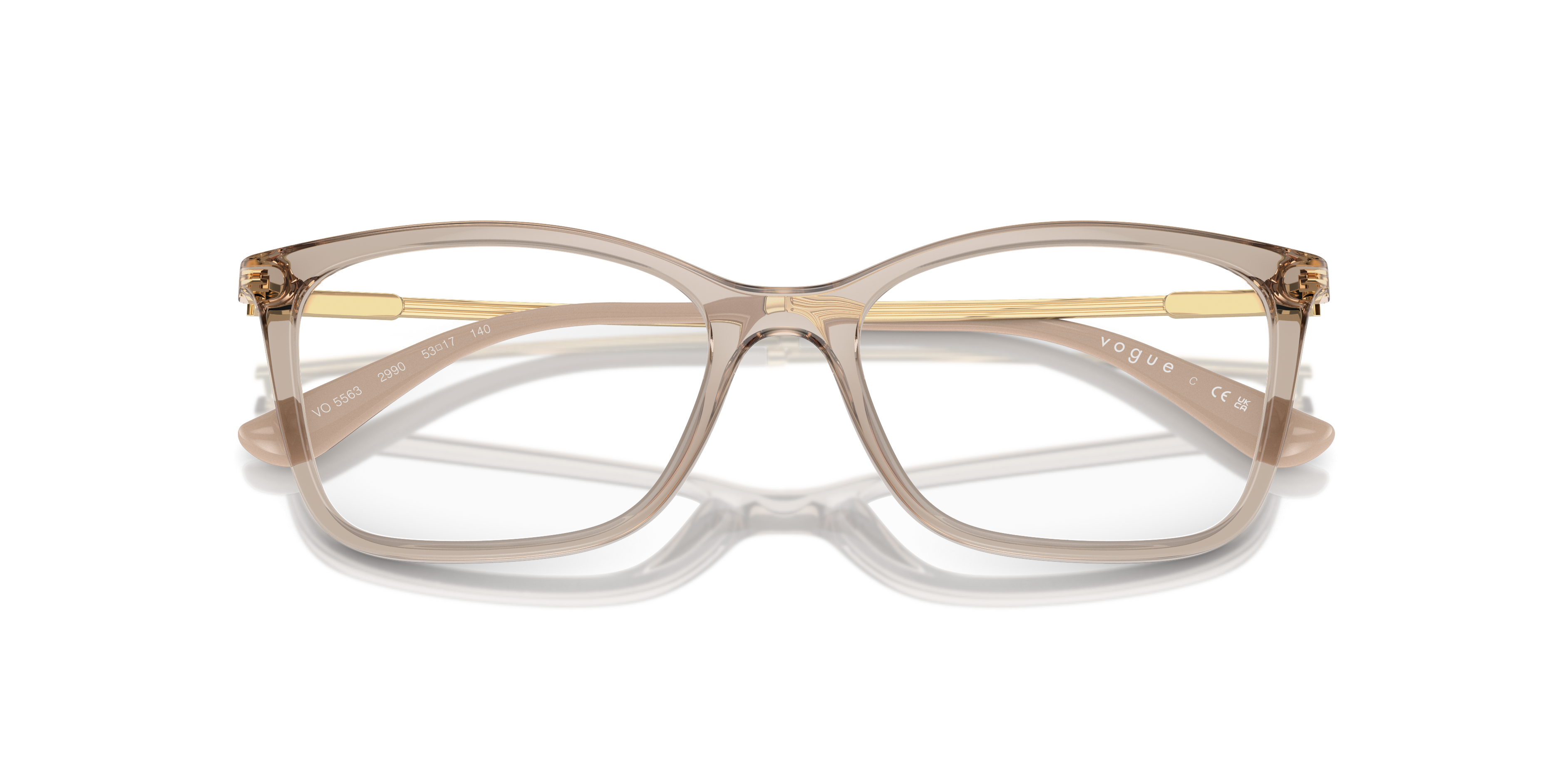 Occhiali da sole Vogue Eyewear VO5563 da donna con montatura rosa trasparente e lenti scure, posti su uno sfondo neutro