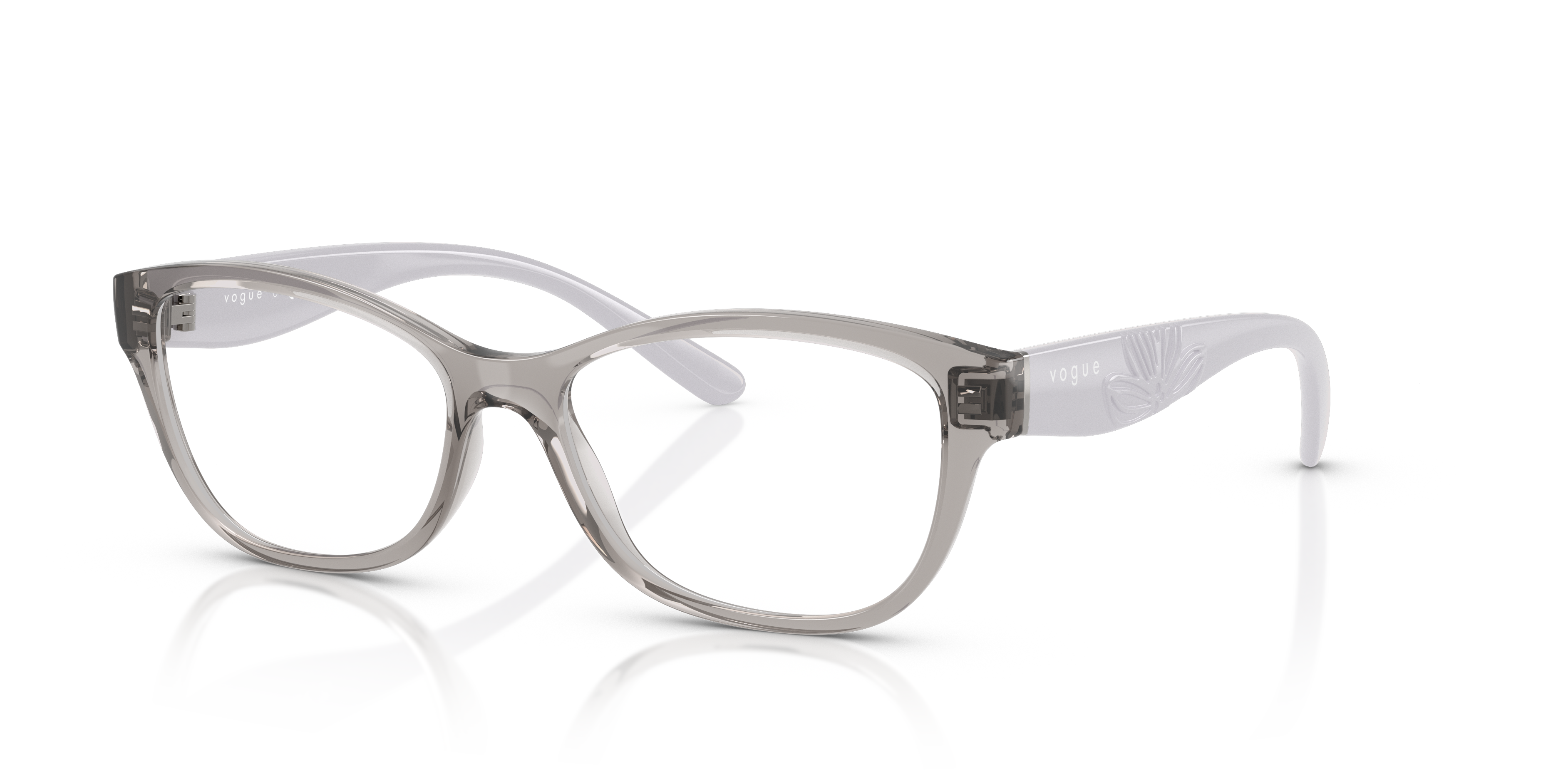 Occhiali da sole Vogue Eyewear VO5627 da donna, montatura grigio trasparente con lenti grigie, in primo piano su sfondo chiar