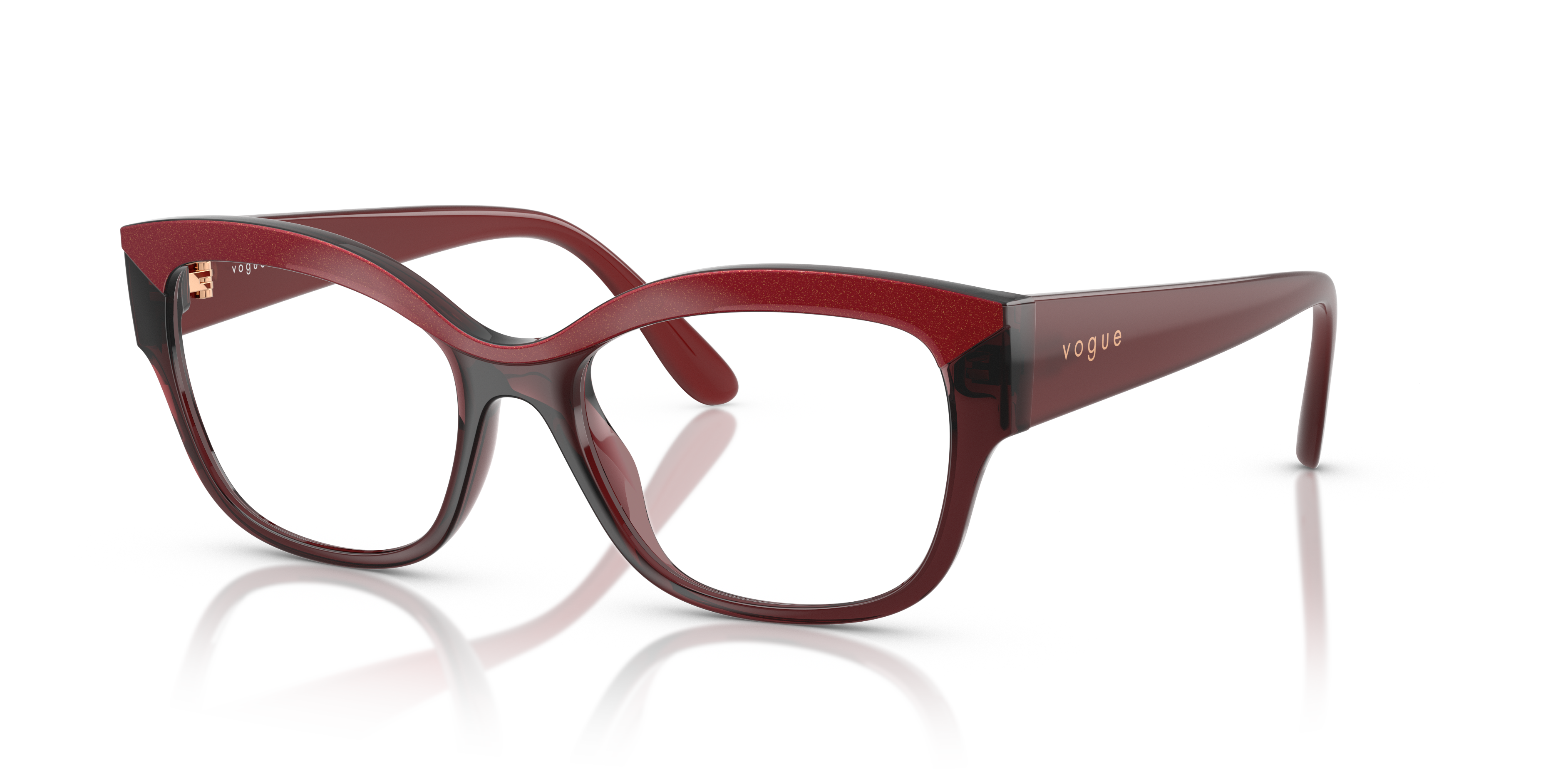 Occhiali da sole donna Vogue Eyewear VO5635U rossi, visti di fronte con lenti scure e montatura trasparente rossa. Sfondo neu