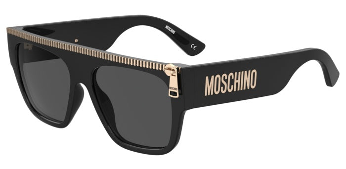 Occhiali da sole neri Moschino modello MOS165/S per uomo, frontale con montatura squadrata lucida e lenti scure su sfondo chi