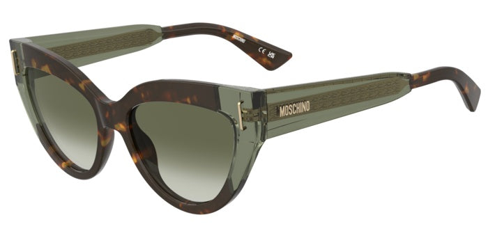 Occhiali da sole Moschino donna neri modello 208570 (MOS208/S) indossati da una modella, con montatura in acetato lucido e le