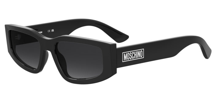 Occhiali da sole neri Moschino MOS186/S per uomo con montatura squadrata, dettaglio sulle aste dorate, su sfondo chiaro.