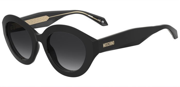 Occhiali da sole donna Moschino neri MOS200/S, modello cat-eye in acetato lucido, indossati e visibili frontalmente con lenti