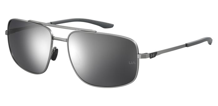 Occhiali da sole sportivi Under Armour UA 0015/G/S da uomo, montatura grigia vista frontale, con lenti scure e logo sul lato.