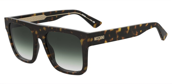 Occhiali da sole da uomo Moschino MOS201/S con montatura colore avana lucida e lenti scure, mostrati su sfondo chiaro.