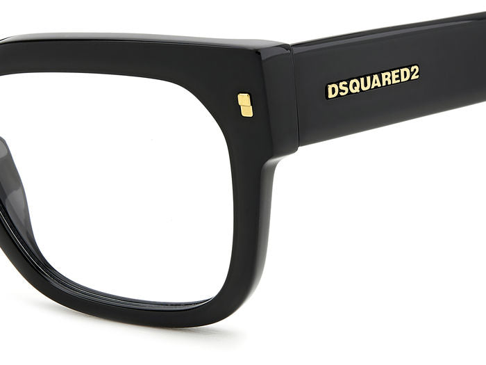 Occhiali da vista neri Dsquared2 modello D2 0129 per uomo, montatura in acetato elegante su sfondo bianco.