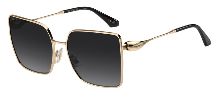 Occhiali da sole ETRO 0138/S (208655) da donna con montatura in metallo color oro lucido e lenti scure, posti su uno sfondo c