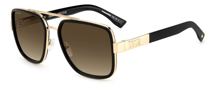 Occhiali da sole DSQUARED2 D2 0060/S da uomo, con montatura in metallo color oro lucido e lenti scure, mostrati su sfondo bia