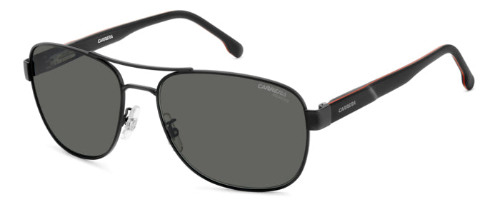 Occhiali da sole Carrera 206723 C FLEX neri da uomo, con lenti scure e montatura rettangolare su sfondo bianco.