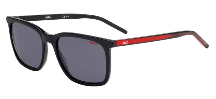Occhiali da sole HUGO 201941 da uomo, colore nero, montatura squadrata in acetato con lenti scure e logo sul lato. Vista fron