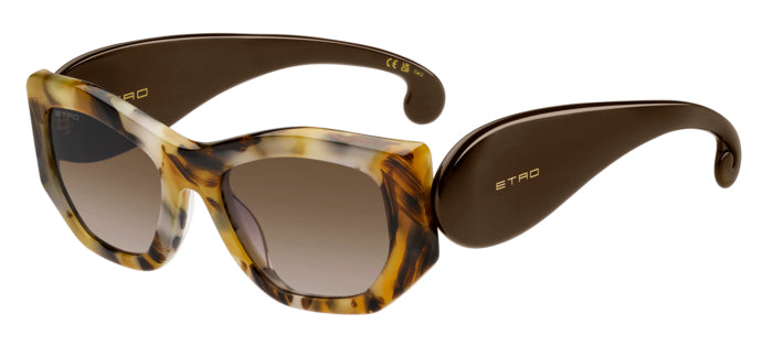 Occhiali da sole da donna ETRO modello 207324 ETROPAISLEY con montatura avana e lenti scure, posati su una superficie chiara,