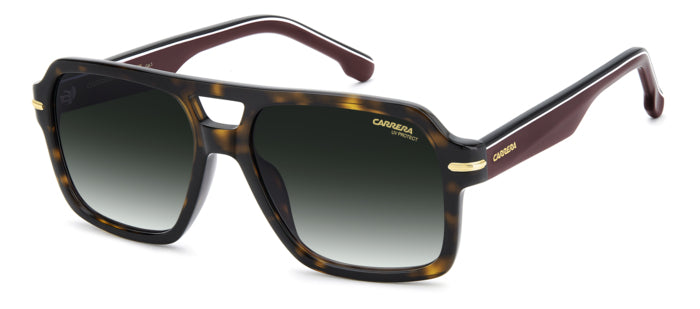 Occhiali da sole da uomo Carrera 377/S con montatura avana e lenti scure, in primo piano su sfondo chiaro.