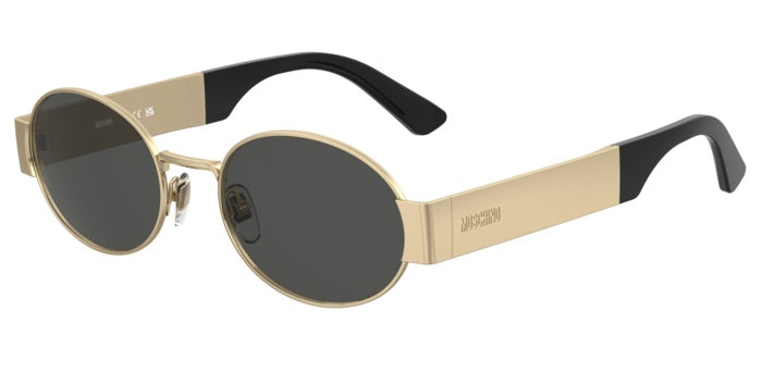 Occhiali da sole Moschino 207691 (MOS185/S) unisex in metallo color oro lucido con lenti scure, mostrati su sfondo chiaro.