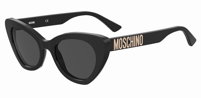 Occhiali da sole Moschino neri modello MOS147/S da donna, con montatura in acetato e lenti scure, mostrati su uno sfondo neut