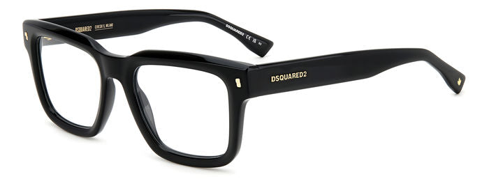Occhiali da vista neri Dsquared2 D2 0090 per uomo, montatura squadrata in acetato lucido con dettagli argentati, appoggiati s