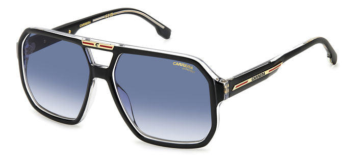 Occhiali da sole Carrera Victory C 01/S 206759 neri da uomo, posati su una superficie neutra, con lenti scure e logo Carrera