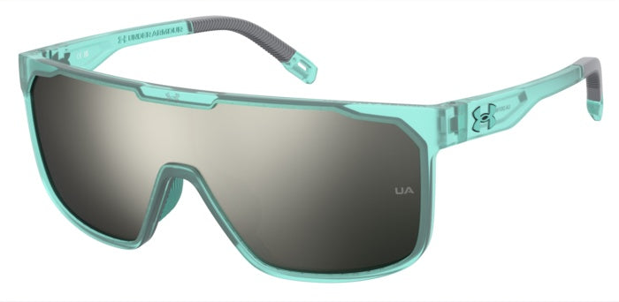 Primo piano di occhiali da sole Under Armour UA Define/G neri da uomo, appoggiati su una superficie chiara, che mostra la mon
