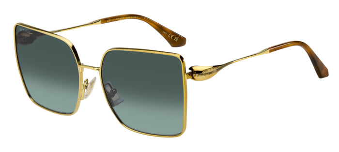 Occhiali da sole ETRO 0138/S (208655) da donna con montatura in metallo color oro lucido e lenti scure, posti su uno sfondo c