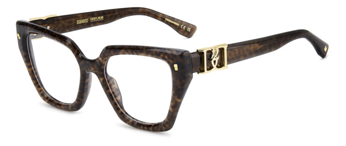 Occhiali da vista DSQUARED2 da donna, modello D2 0186, colore avana, mostrati su sfondo bianco, con dettagli ben visibili.