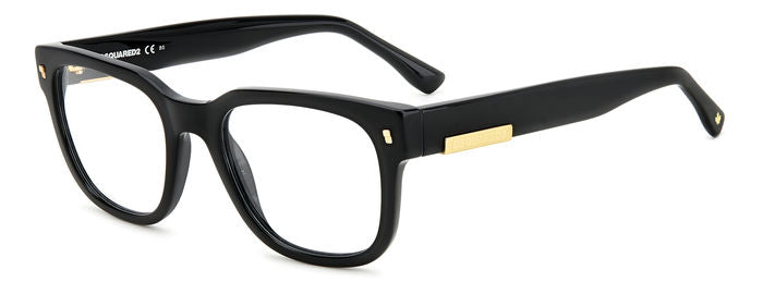 Occhiali da vista Dsquared2 D2 0074 neri per uomo, montatura rettangolare in acetato lucido su sfondo neutro.
